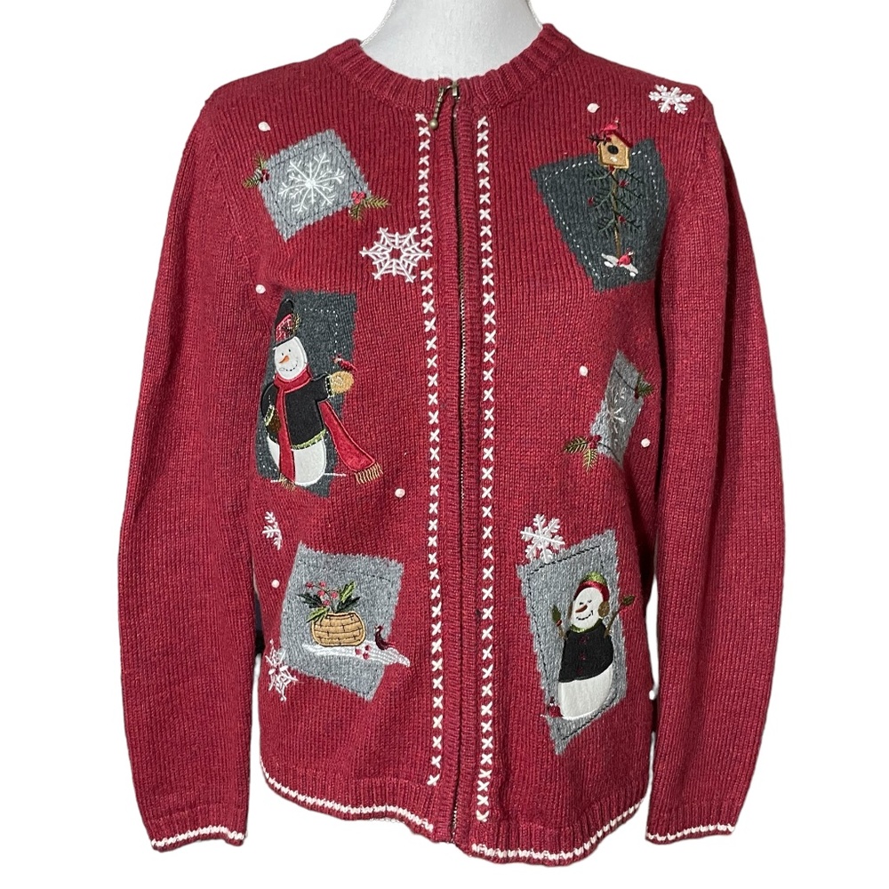 Snowman Patch Sweater S Full-Zip Vintage Silk Blend Burgundy Red Christmas Snow
